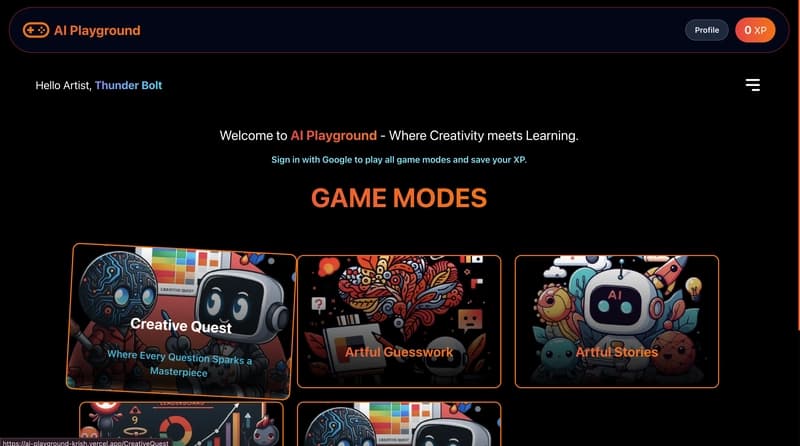AI Playground home screen showing three animated game mode cards: Creative Quest, Artful Guesswork, and Artful Stories, plus a profile link