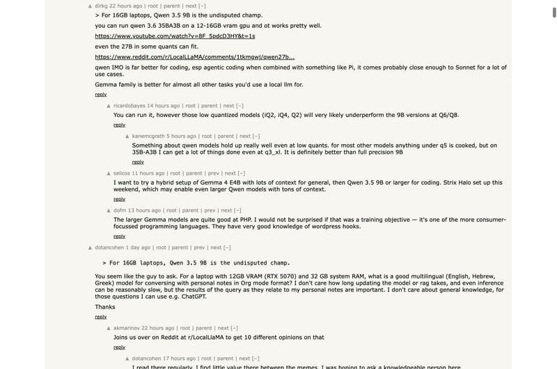 HN user dirkg comparing Qwen 3.6 vs Gemma for coding on consumer hardware