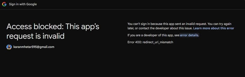 Google Auth error screenshot