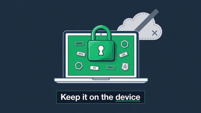 Data kept inside a local device behind a padlock, the cloud crossed out — keep it on the device
