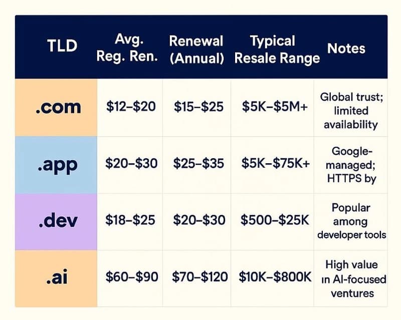 Comparison chart of .com, .app, .dev, and .ai domains showing registration, renewal, resale range, and notes. .com remains most trusted; .ai leads in resale value.