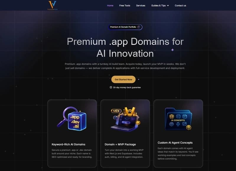 visionvix home page showing .dev and .app domain marketplace