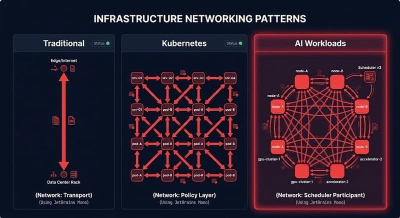 AI workload collective communication patterns compared to traditional and Kubernetes east-west traffic