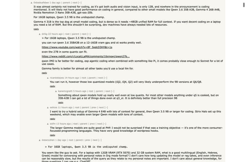 HN debate on whether Gemma 4 12B is suited for coding vs Qwen alternatives