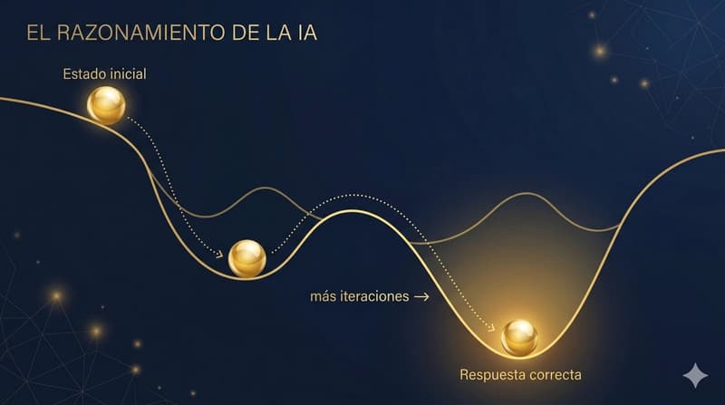 El razonamiento como una canica que cae por un paisaje de valles hasta el fondo, que es la respuesta correcta