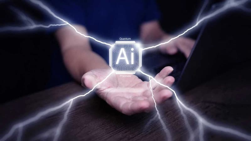 an electrified AI icon hovers above a person's palm