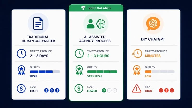 Comparison of content creation approaches for SEO: human-only copywriter, AI-assisted agency process, and DIY ChatGPT — showing time, cost and quality differences.