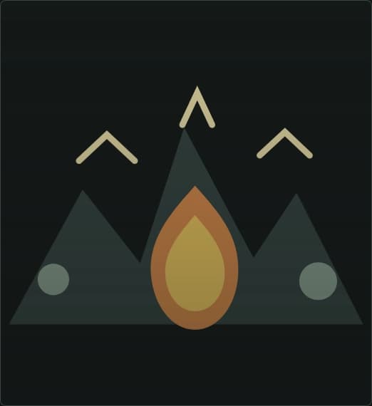 A slightly clumsy logo with some mountains that might be on fire; or maybe they have a fire in them?