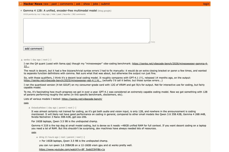 Hacker News thread for Gemma 4 12B with 1019 points and 382 comments