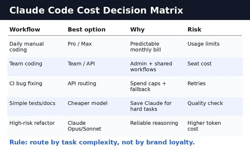 Claude Code cost decision matrix: subscription, team, and API routing