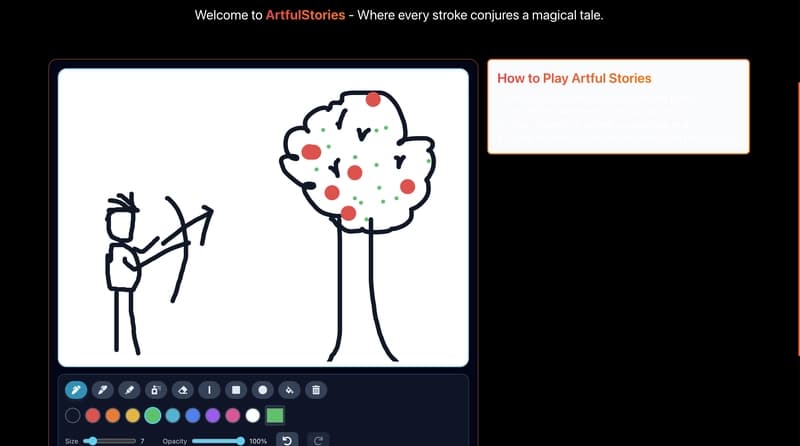 Artful Stories screen showing a user's drawing on the left and a Gemini-generated story paragraph on the right, with a