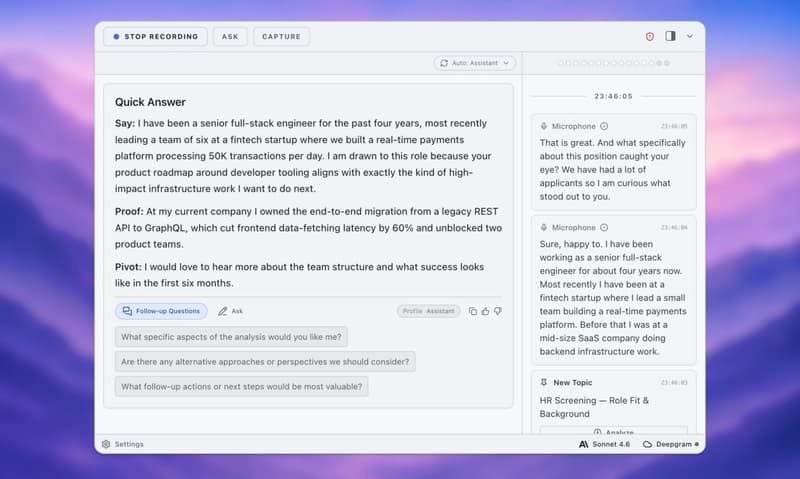 ExtraBrain Mac desktop overlay beside a live remote interview call, showing transcript and session context without replacing the meeting