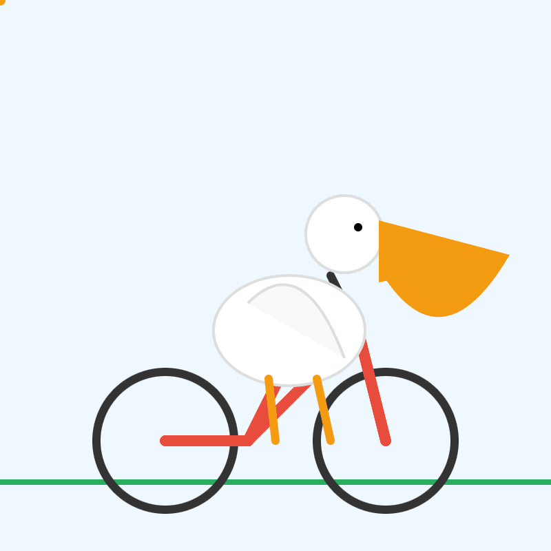 Flat minimalist illustration of a white pelican with a large orange beak riding a red bicycle with black wheels, against a pale blue background with a
