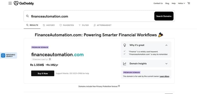 screenshot from godaddy