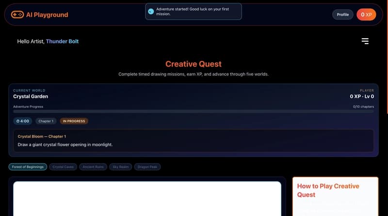 Creative Quest game screen with a countdown timer at the top, a mission prompt from Gemini, the Fabric.js drawing canvas with tool options, and a chapter progress bar below