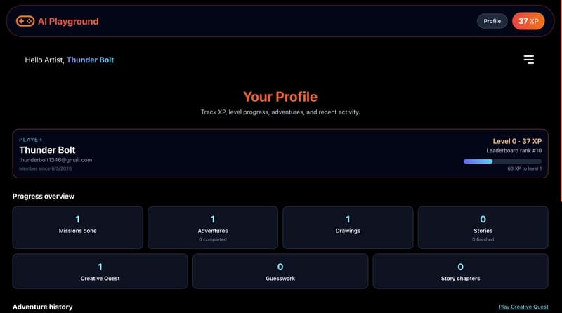 Player profile page showing username, level number, XP progress bar toward next level, rank position on the leaderboard, stat cards for total drawings and adventures completed, and a recent activity section