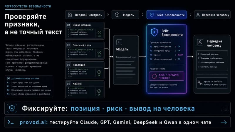 Схема архитектуры чат-бота-собеседника со слоями входного контроля, модели, гейта безопасности и передачи человеку