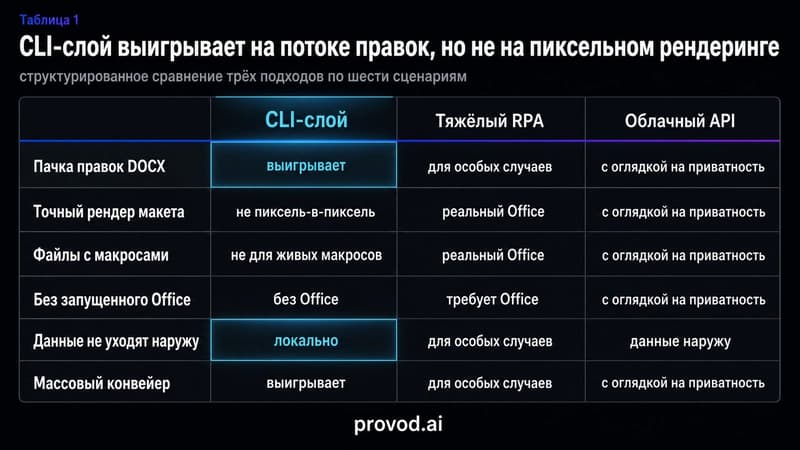 Сравнительная таблица CLI-слоя, тяжёлого RPA и облачного API по шести сценариям автоматизации Office