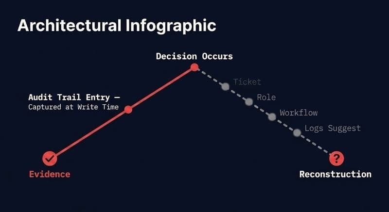audit trail evidence versus reconstructed evidence — one path solid, one path dashed