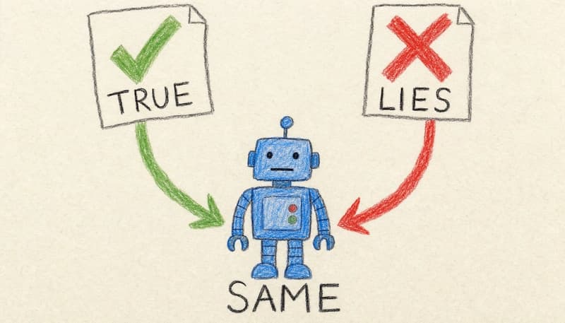 A child's crayon drawing: a TRUE card with a green check and a LIES card with a red cross, two arrows curving down to the same plain robot, labeled SAME.