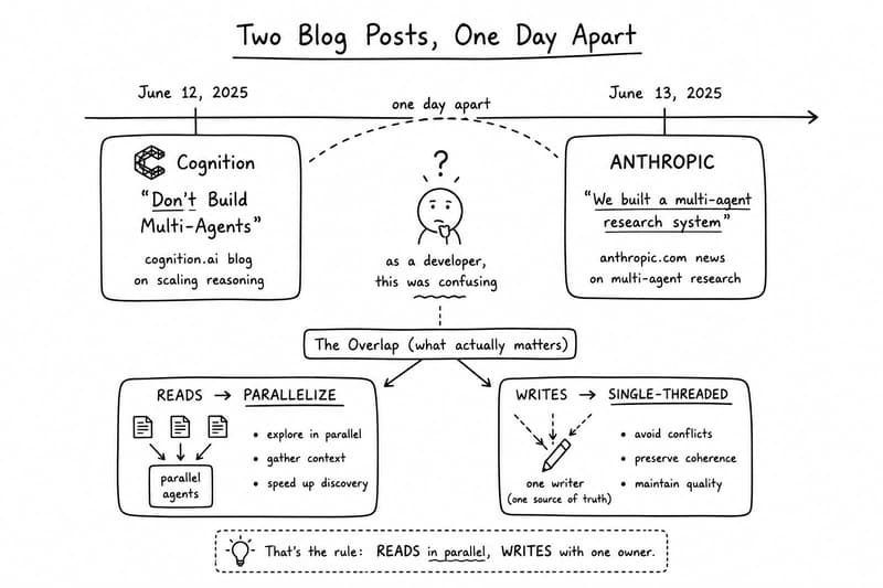 A hand-drawn comparison infographic showing two influential AI engineering articles published one day apart. On the left, Cognition's