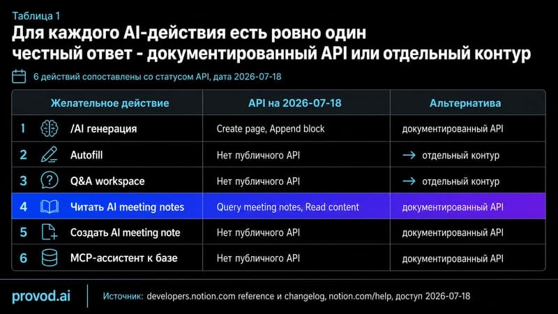 Таблица сопоставления желательного действия, доступного API и альтернативы для шести AI-сценариев Notion