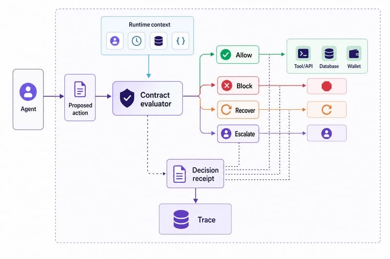 Architecture diagram showing a behavioral contract evaluator running before an agent tool call and writing a decision receipt.