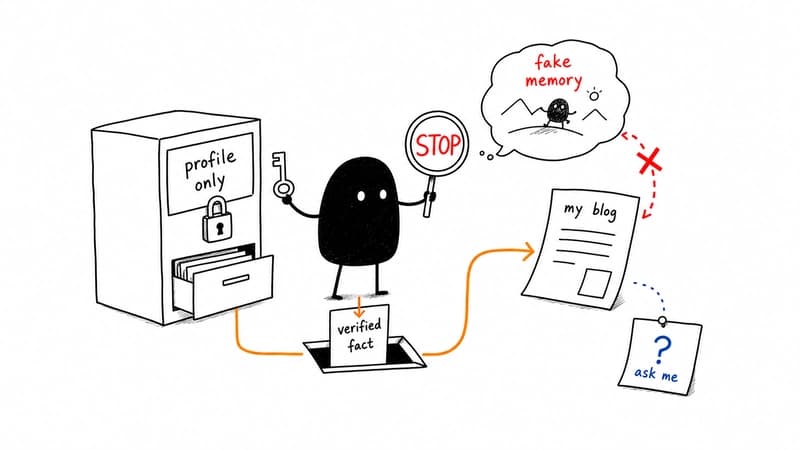 Illustration of an AI writing guardrail where only verified profile facts enter the blog, while fake memories are blocked.