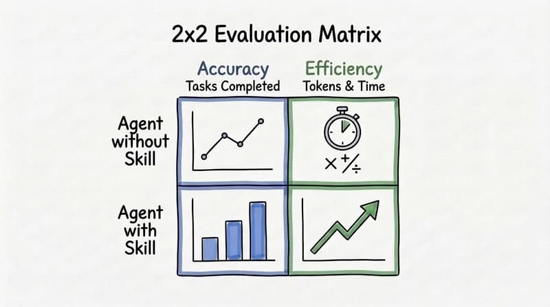 2x2 evaluation matrix comparing efficiency and performance for agents with and without skills
