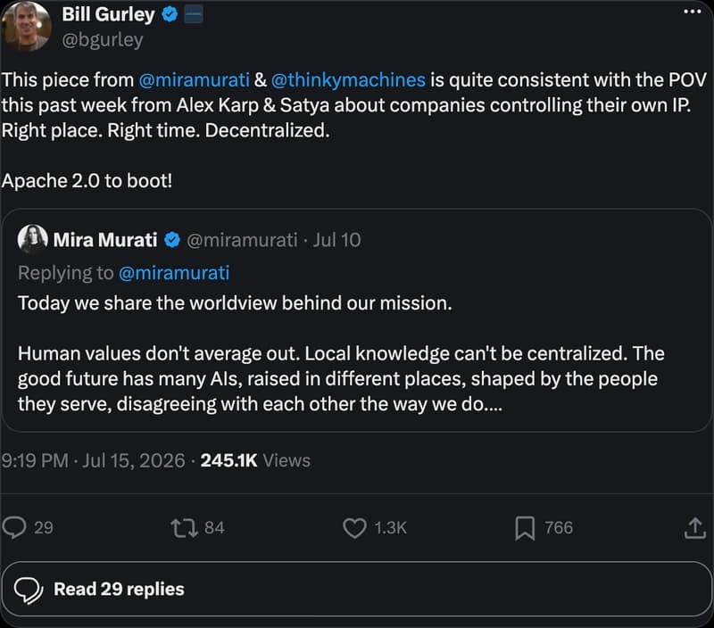 Bill Gurley on X: Consistent with the POV from Alex Karp and Satya about companies controlling their own IP. Apache 2.0 to boot!