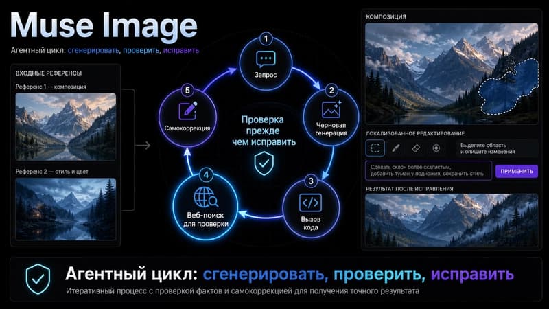 Схема агентного цикла Muse Image: запрос, черновая генерация, вызов кода и веб-поиска для проверки, самокоррекция