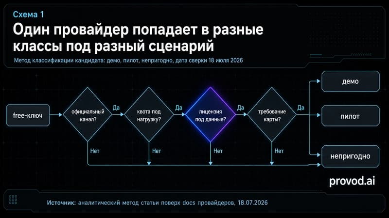 Диагностический маршрут отбора free-ключа через четыре проверки к трём классам пригодности - демо, пилот, непригодно.