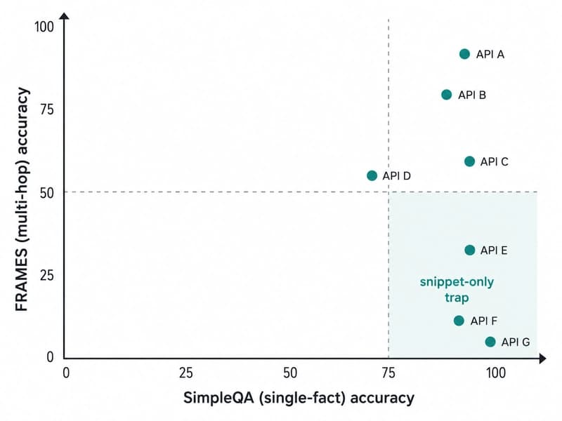 Two-axis chart of search APIs: simple-fact recall vs multi-hop recall