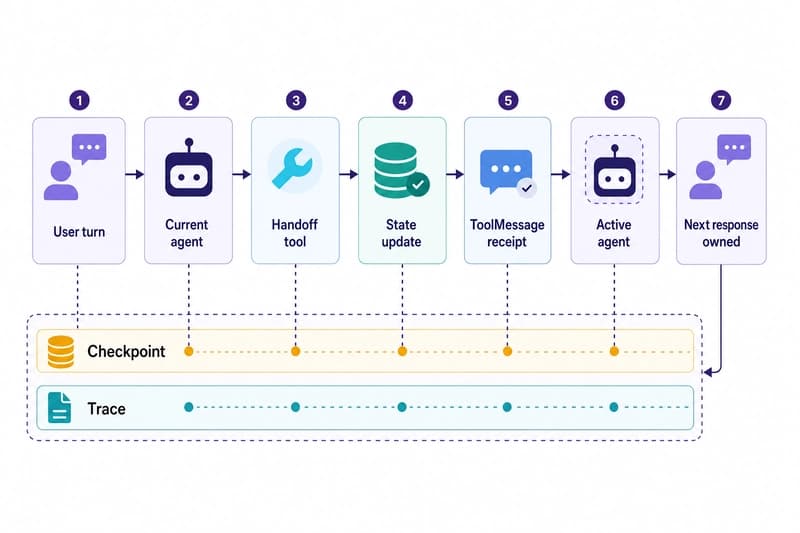 Flow diagram showing an agent handoff from user turn through handoff tool, state update, ToolMessage receipt, active agent switch, checkpoint, and trace.