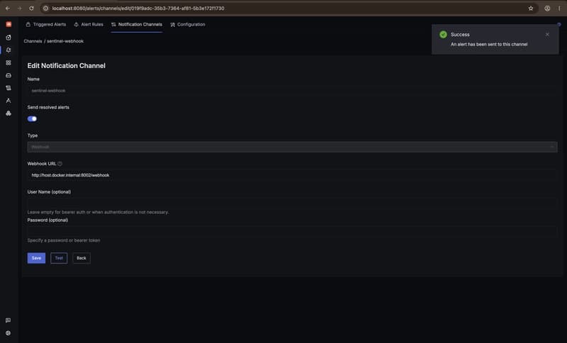 SigNoz notification channel test success message