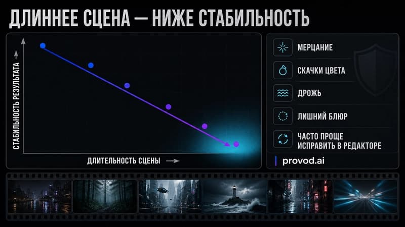 Точечный график: стабильность результата падает по мере роста длительности сцены