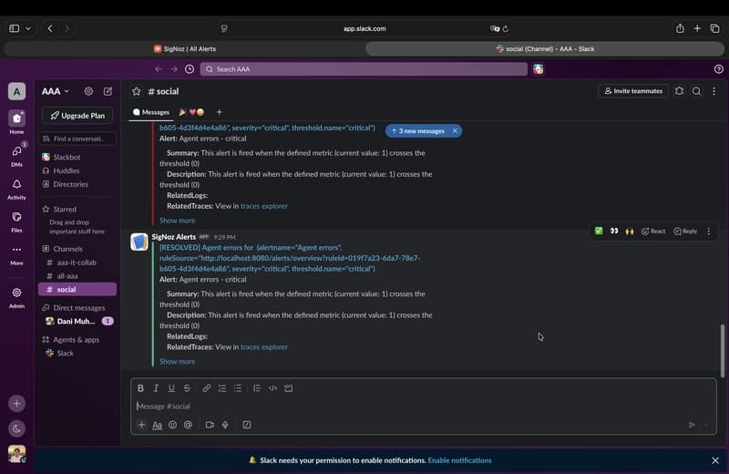 Slack message showing the SigNoz alert notification for the agent errors rule