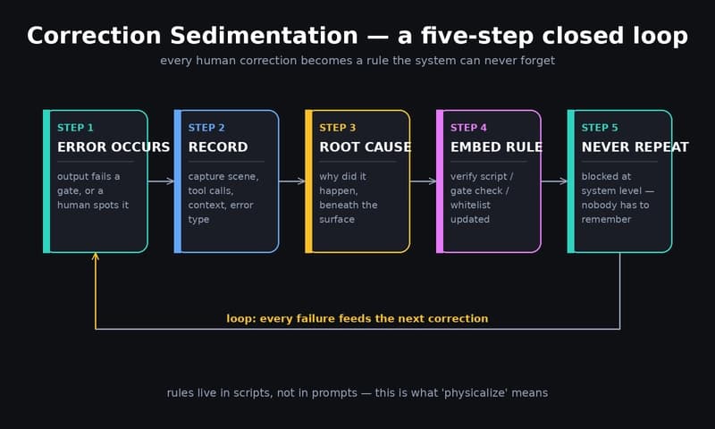 The correction sedimentation loop: error occurs → record → root cause → embed rule → never repeat