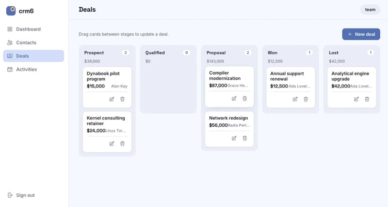 The deals kanban — drag a card between stages and the deal updates through the guest-gated API