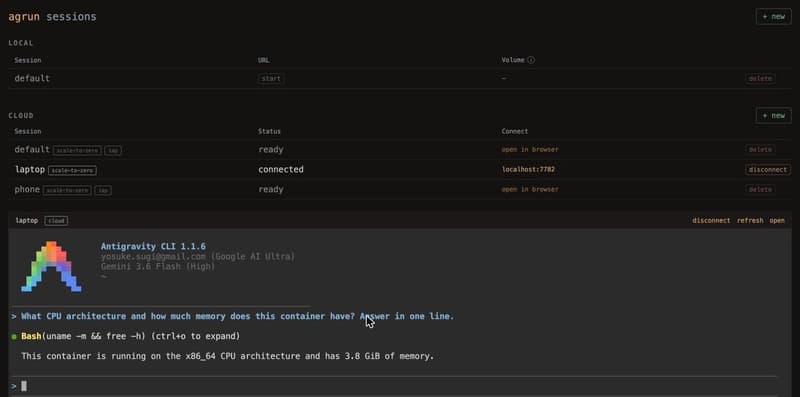 The dashboard listing a laptop session with a connect button and a phone session with an iap badge and an open-in-browser link