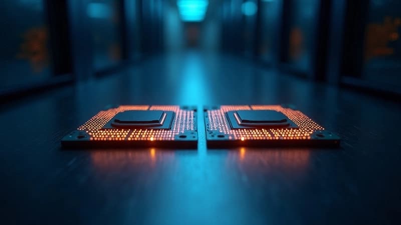 CPU and GPU chips side by side with benchmark performance bars representing the renewed AI hardware tussle