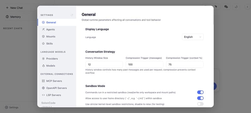 Settings panel in English