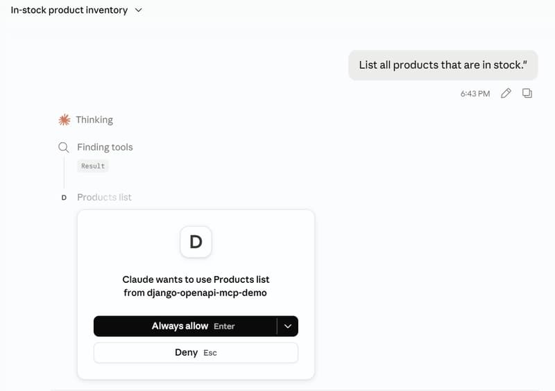Claude asking for permission to use the Products list tool