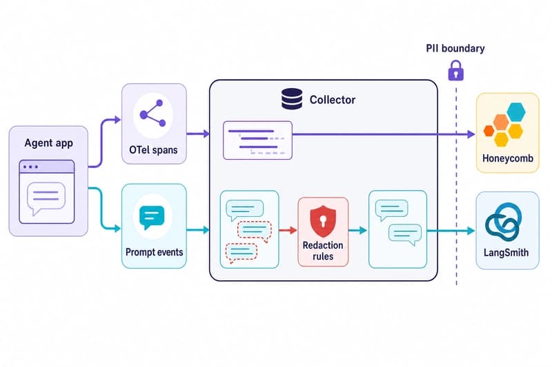 Flow showing agent spans and prompt events moving through an OpenTelemetry collector with redaction rules before Honeycomb and LangSmith.