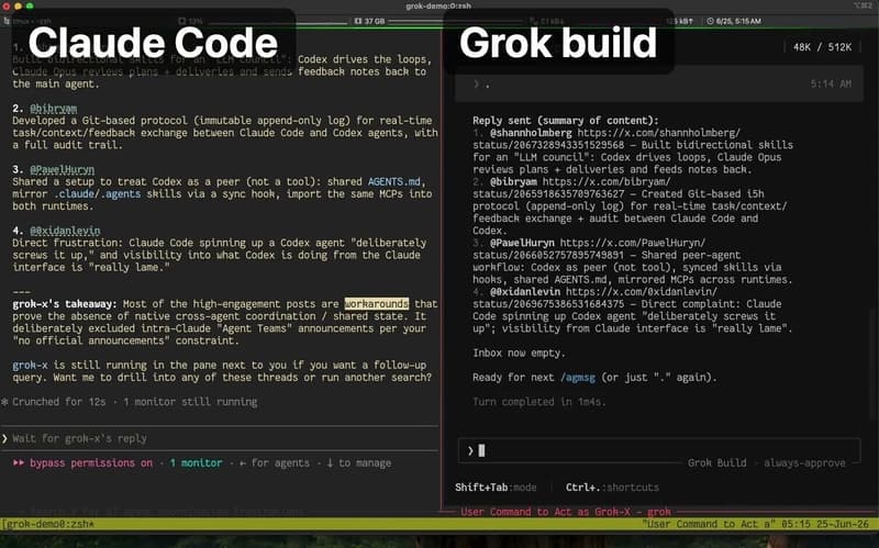 From Claude Code, a Grok Build teammate runs an X search and hands back a ranked list