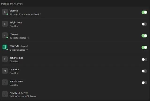 screenshot of an MCP client’s server list
