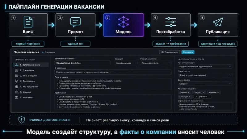 Схема пайплайна генерации вакансии: бриф, промпт, модель, постобработка, публикация