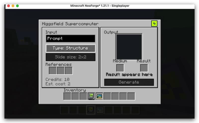 The Higgsfield Supercomputer panel in Minecraft
