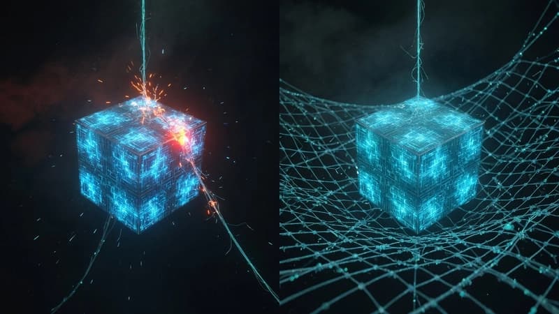 The same capability on a single fraying thread versus held by a redundant mesh — reliability lives in the connections, not the component.