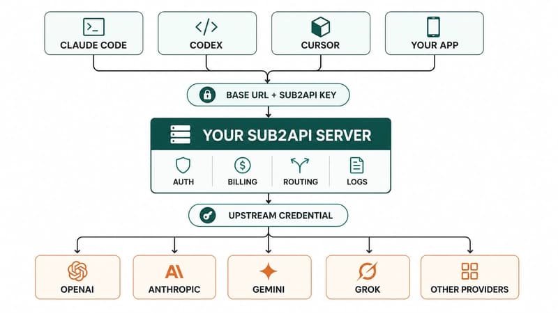 Diagram showing Claude Code, Codex, Cursor, and an app sending requests through a self-hosted Sub2API gateway, which handles authentication, billing, routing, and logs before forwarding requests to multiple AI providers.